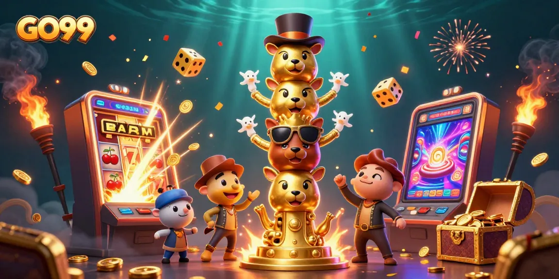 Win big with GO99 at a vibrant online casino showcasing festive game elements and joyous characters.
