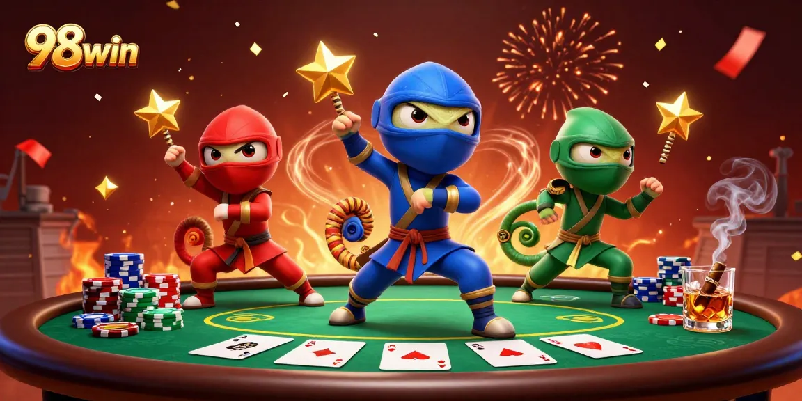 98win shows a dynamic scene with ninja chameleons engaging in poker action amid colorful casino elements.