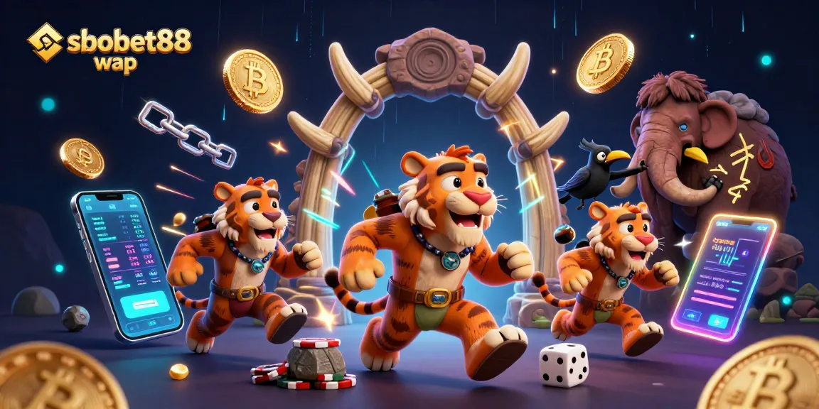 Engage in thrilling sports betting with sbobet88 wap, featuring neon cryptocurrency elements and vibrant game action.