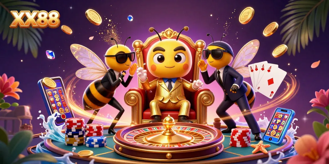 Experience the excitement of XX88 with a 3D cartoon bumblebee mob boss amid dazzling gambling elements, showcasing high-stakes casino action.